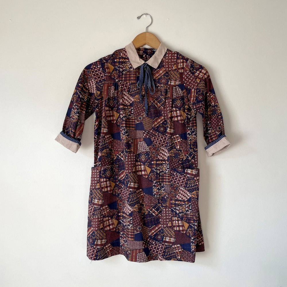 Vintage Kids Patchwork Print Dress 60s 70s Gingham Collar Navy Burgundy